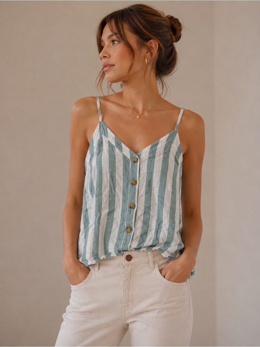 Abercrombie & Fitch Striped V-Neck Cami - Sage and WhiteY2k Coastal Size Small